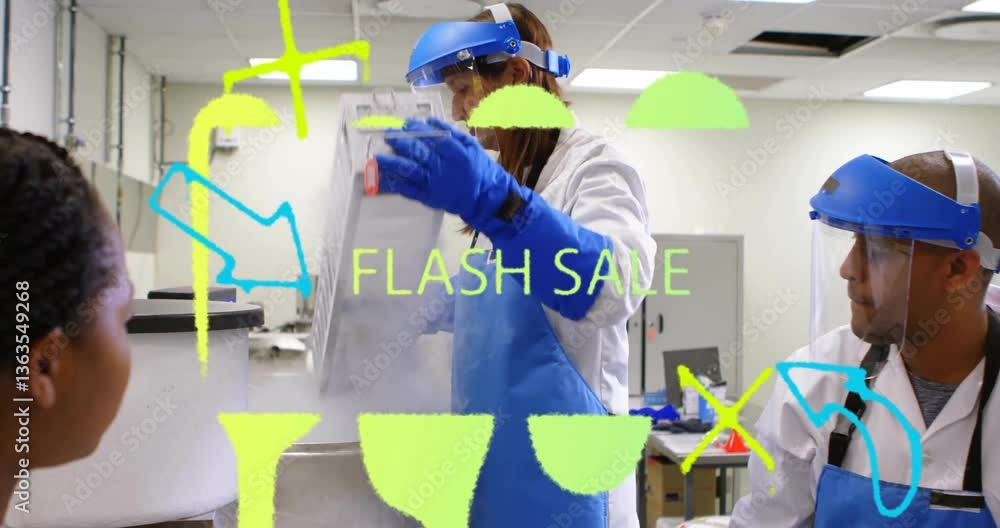 Poster working with colorful shapes overlay, scientists in lab coats creating animation