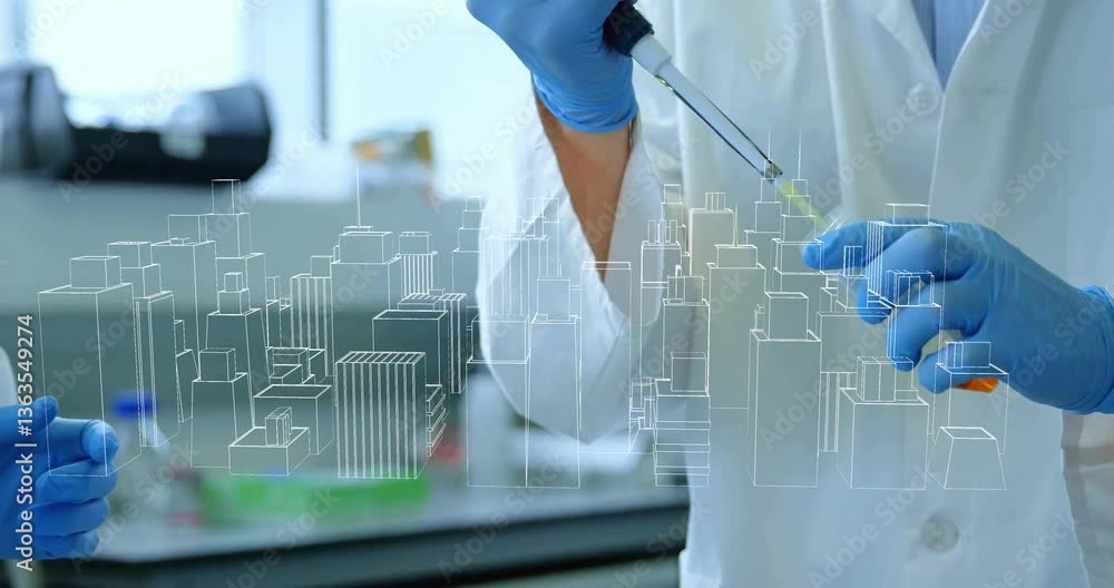 Poster using pipette in lab, scientist with digital cityscape animation overlay