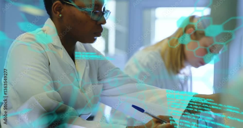 Aufkleber scientists working in laboratory with digital data processing animation overlay
