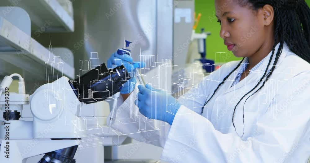 Poster working with pipette, scientist in laboratory with cityscape overlay animation