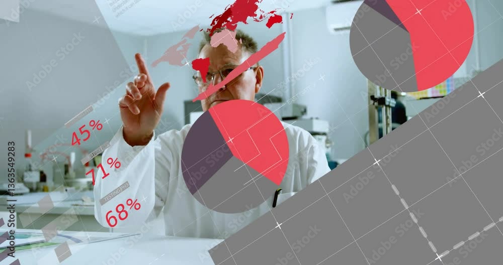 Poster interacting with digital map and animation, scientist analyzing data in laboratory