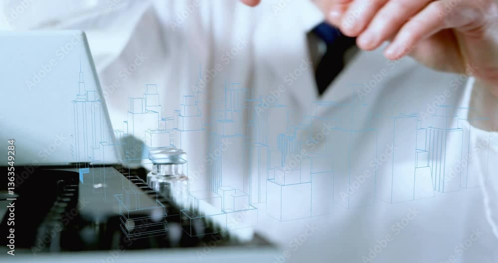 Poster in lab, scientist working with equipment and cityscape blueprint animation overlay