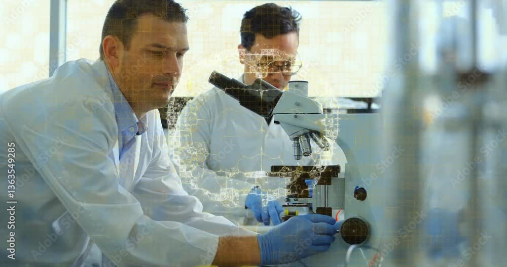 Aufkleber in school, scientists in lab coats studying animation with microscopes and data