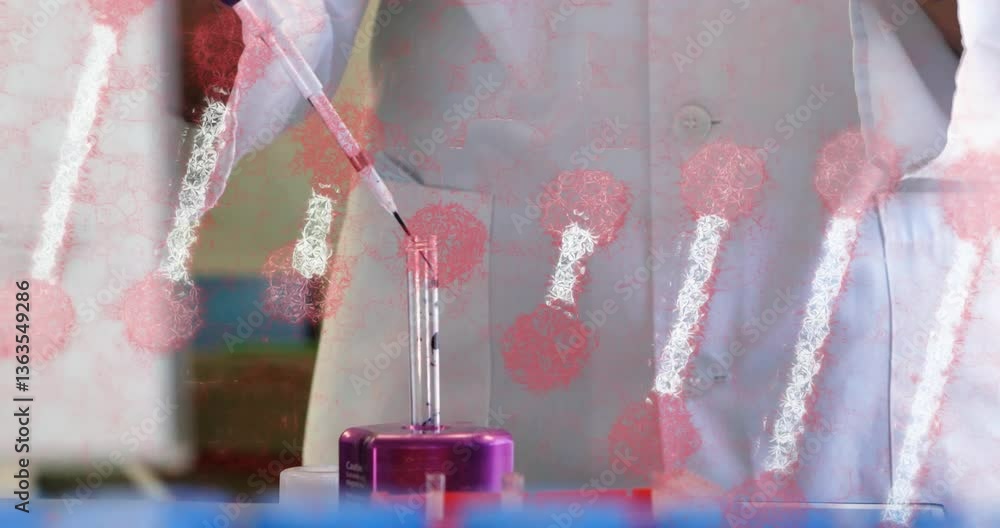 Poster scientist in lab coat using pipette with molecular structure animation overlay