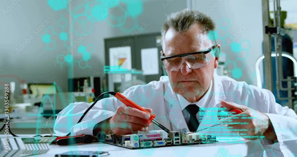 Aufkleber working on circuit board, technician using animation tools in school laboratory