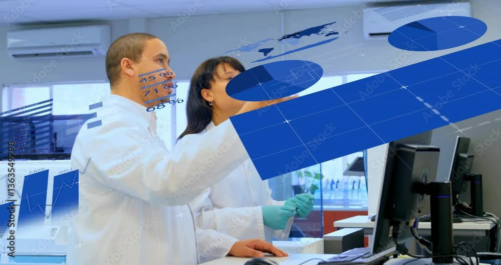 Poster analyzing data with graphs and charts overlay, scientists working in laboratory