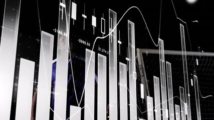 Overlaying financial data charts, soccer player near goalpost in animation scene - Powered by Adobe