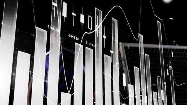 Overlaying financial data charts, soccer player near goalpost in animation scene