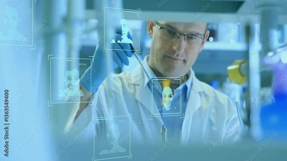 Aufkleber in lab, scientist using pipette with digital animation of faces overlaying scene