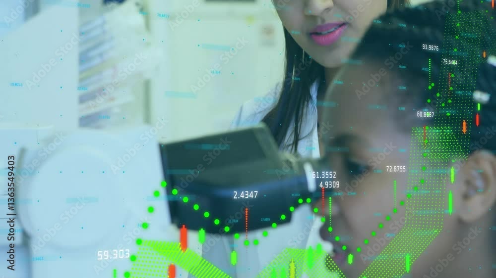 Poster using microscope, scientist analyzing data with animation overlay in school lab
