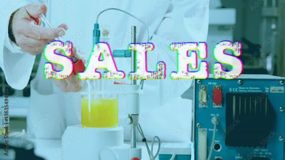 Poster working in laboratory, scientist using equipment with sales text animation overlay