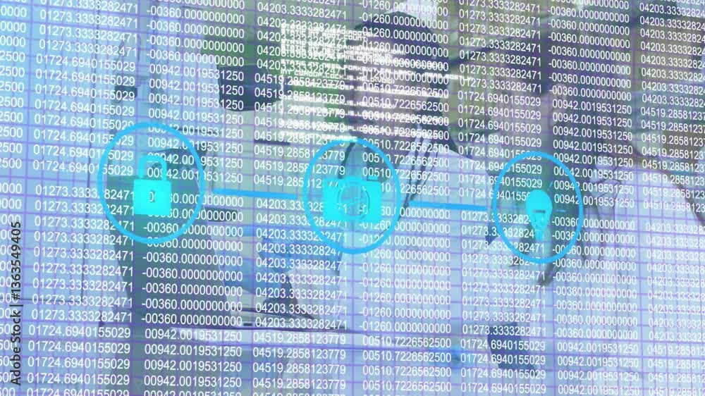 Poster animation of digital data and binary code overlaying abstract blue network symbols