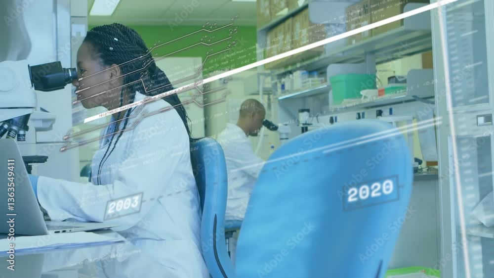 Aufkleber in laboratory, scientists processing data with animation overlay on computer screen