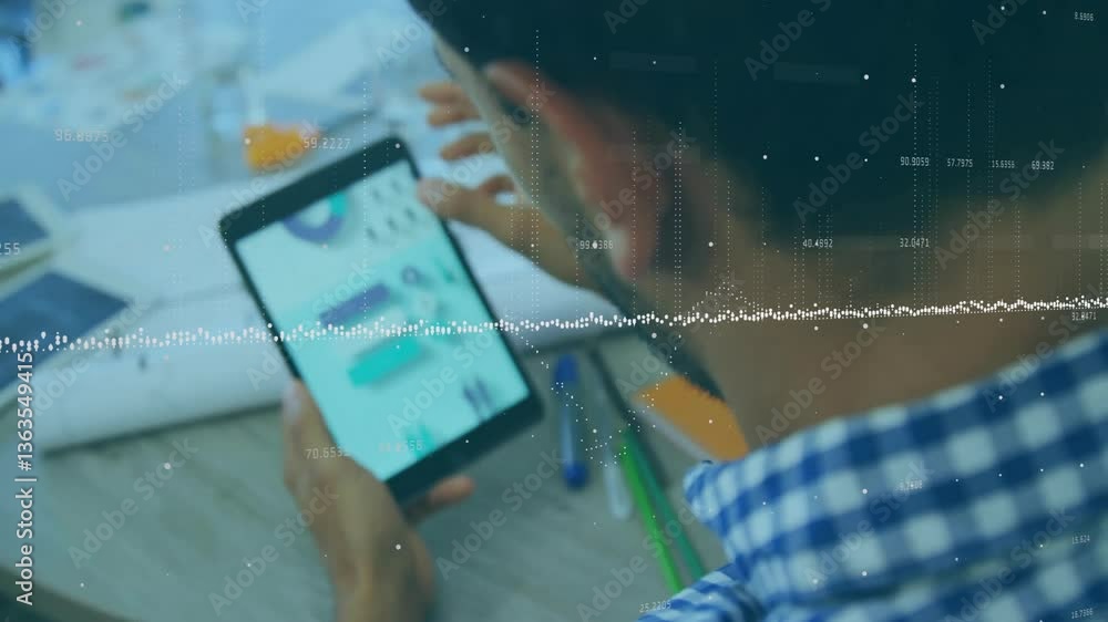 Poster using tablet, man viewing data processing animation overlay on screen