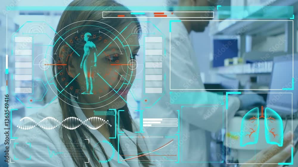 Poster analyzing medical data, scientists working in laboratory with animated graphics