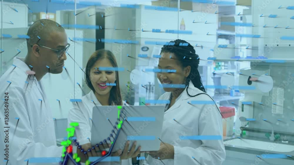 Poster scientists in lab coats analyzing data with dna strand animation overlay
