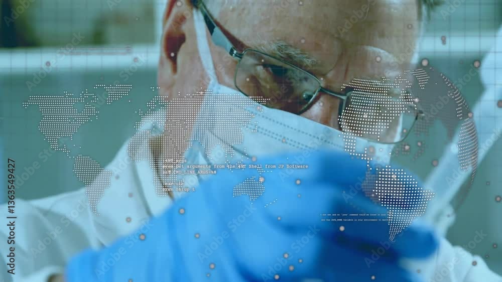 Poster scientist wearing mask and gloves examining data processing animation over world map