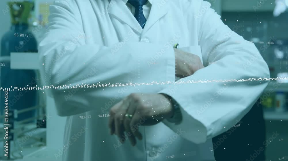 Poster in lab, scientist crossing arms with data animation overlay on screen