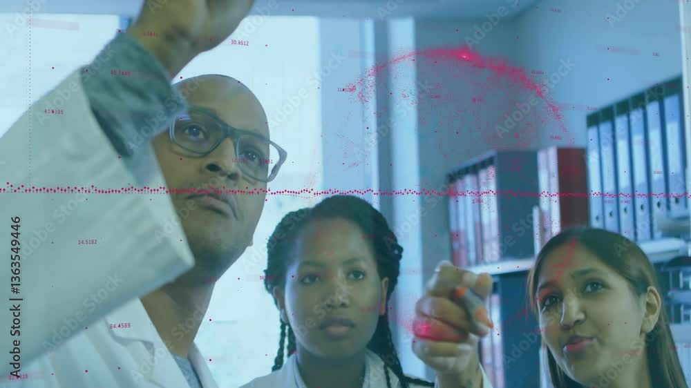 Poster in school laboratory, scientists analyzing data with digital animation and graphs