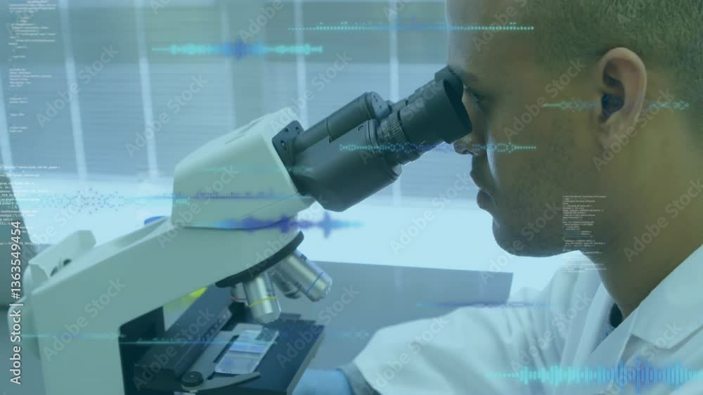 Aufkleber in laboratory, scientist using microscope with animation of digital data overlay