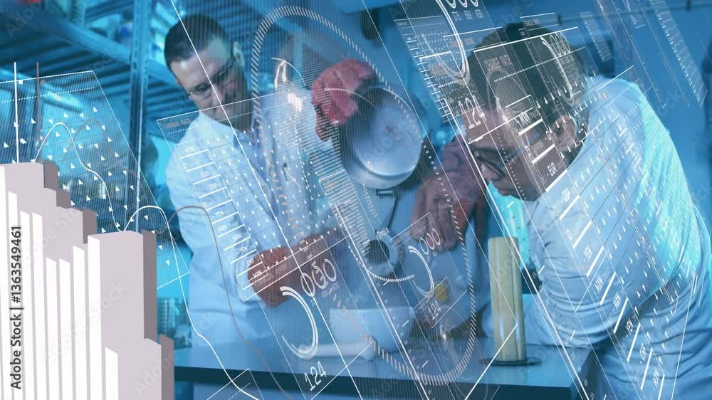 Poster scientists working in laboratory with digital data processing animation overlay