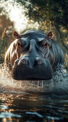 Fototapeta premium Hippo swimming in water at sunset with intense focus on its face and majestic surroundings
