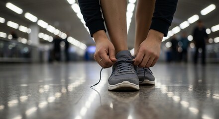 Tying shoelaces on glossy floor. People walk in background. Gym atmosphere