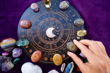 Healing crystals on brown background