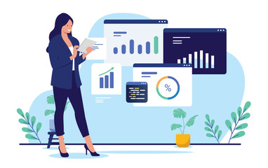 Businesswoman with charts and data - Woman in professional clothing standing working and analysing diagrams and business graph results. Flat design vector illustration with white background