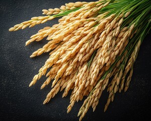 Close-up of freshly harvested rice stalks arranged on a dark surface