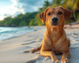 A golden dog lounging on a sandy beach with waves and palm trees in the background
