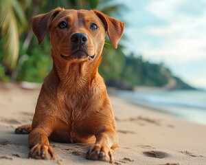 A brown dog lounging on a sandy beach with palm trees and ocean waves in the background