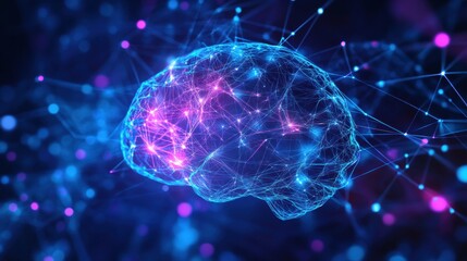 Obraz premium Neural connections glow in a cyberpunk brain rendered with futuristic blue and purple tones, showcasing artistic detail and innovative lighting