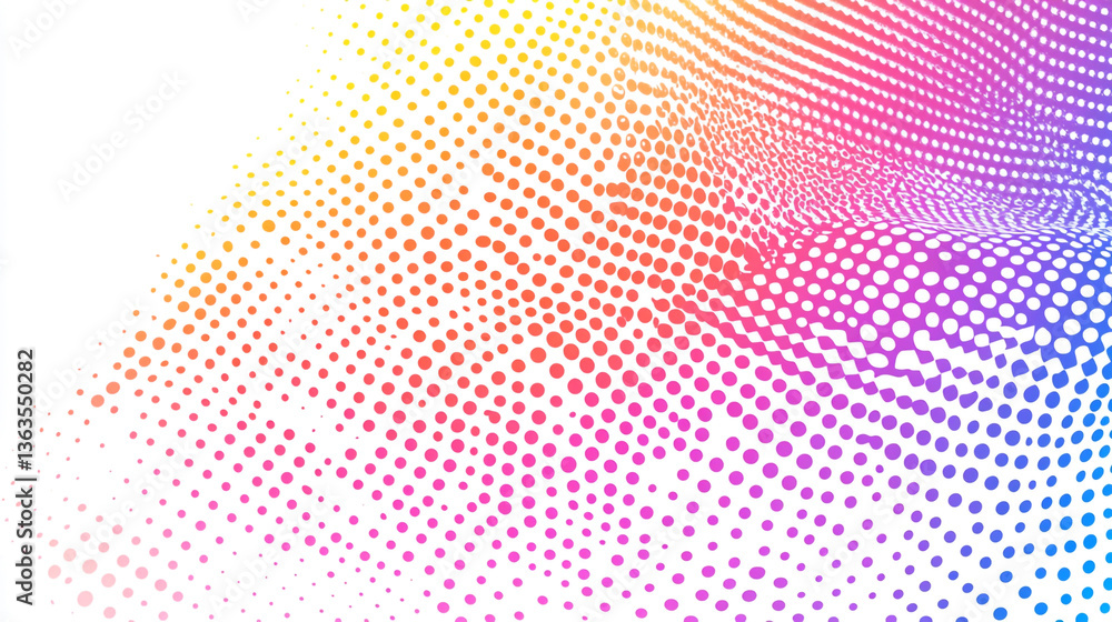 Poster colorful halftone gradient pattern with rounded dots fading to white on a textured surface