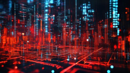 Cyberpunk city scene with numerous red glowing lights and a data grid overlay, silhouetted buildings, dramatic atmosphere.