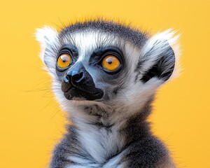 Close-up portrait of a lemur with striking yellow eyes against a vibrant orange background