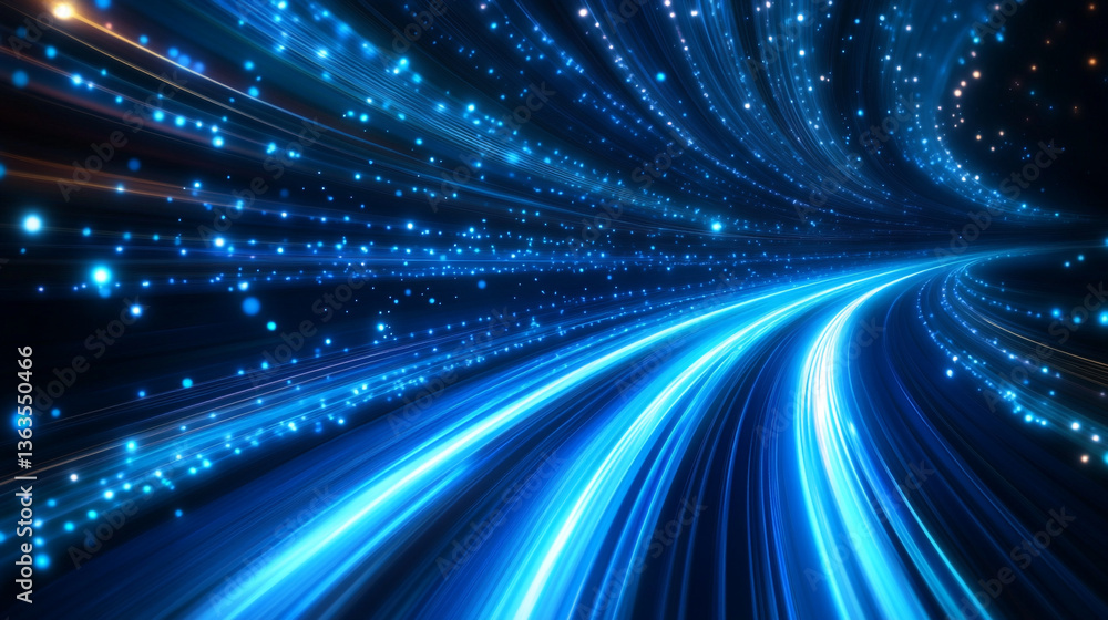 Poster abstract blue light streaks and sparkles creating a futuristic tunnel effect in the darkness