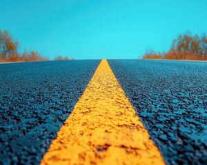 Vibrant asphalt road with yellow line under clear blue sky and trees