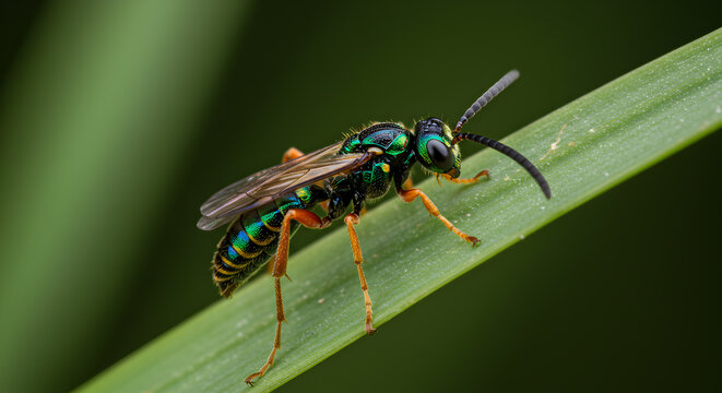 Dazzling chalcid wasp resting on green leaf macro close up view insect life