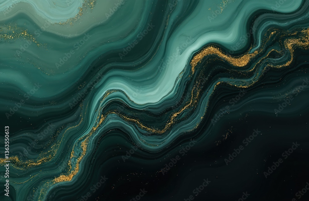 Poster abstract fluid art. muted green waves with golden particles on black background. marble effect textu