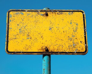 Weathered yellow signpost against a clear blue sky, suggesting abandonment