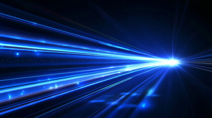 Abstract blue light streaks converging toward a central bright point in a dark background space