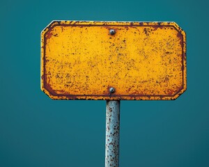 Rusty yellow blank sign on a metal pole against a solid blue background