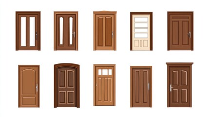 Twelve interior wooden door designs; home improvement, white background