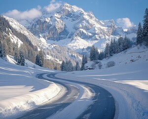 Serene winter landscape with winding road and majestic snow-capped mountains