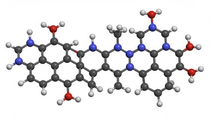Detailed molecular structure model with atoms, bonds, and elements.