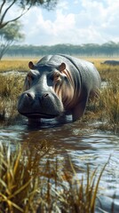 Fototapeta premium Hippo wades through shallow waters in a lush wetlands habitat during a calm afternoon