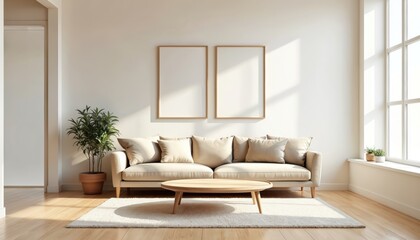 Fototapeta premium Modern living room with sofa. Interior design, home decor. Cozy apartment with furniture, wooden floor. Sunny daylight through window. Mockup frames, blank wall for poster. Neutral colors, minimalist