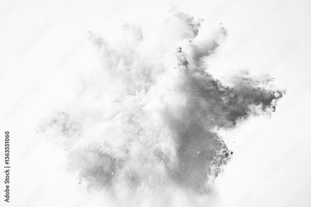 Poster a grayscale image depicting a dramatic explosion of powder, creating a cloud of particles against a 