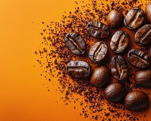 Close-up of roasted coffee beans scattered on vibrant orange background